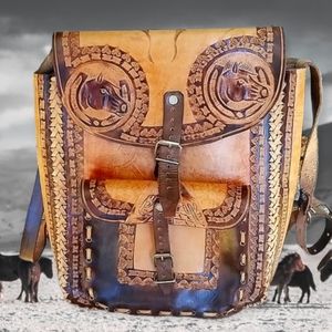 Hand Crafted Artisan Designed Horse Theme Hand Tooled Leather Crossbody Bag